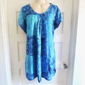 Blue Batik Print Patchwork Beach Cover Mini Dress Tunic L/XL